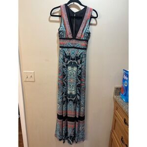 (READ) BCBGMAXAZRIA Elyza‎ Maxi Dress Tahiti Blue Paisley Print V Neck XXS $368